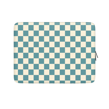 Checkered patterned pouch with blue and beige squares on a white background