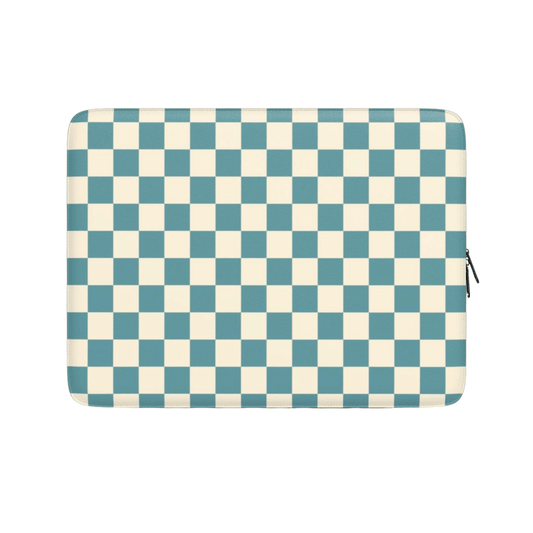 Checkered patterned pouch with blue and beige squares on a white background