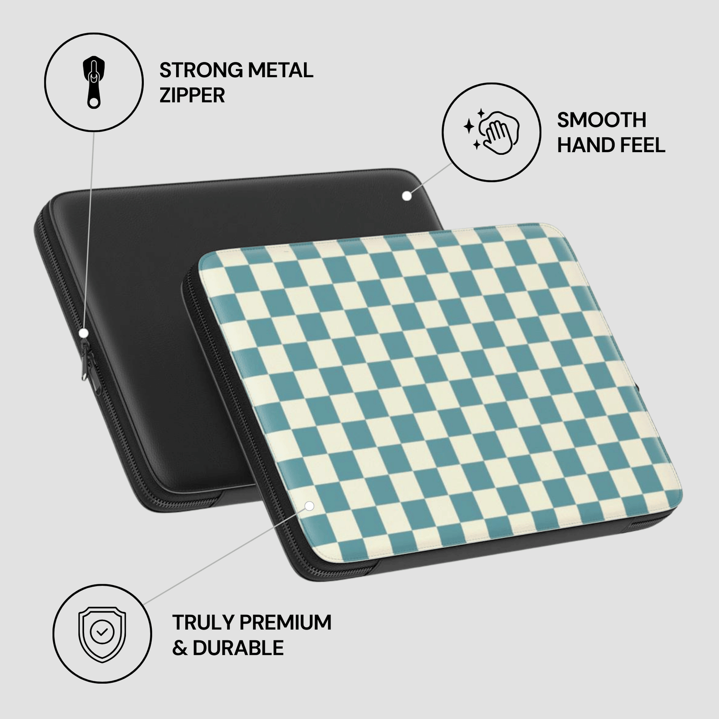 Checkered patterned case with text highlighting features on a light gray background