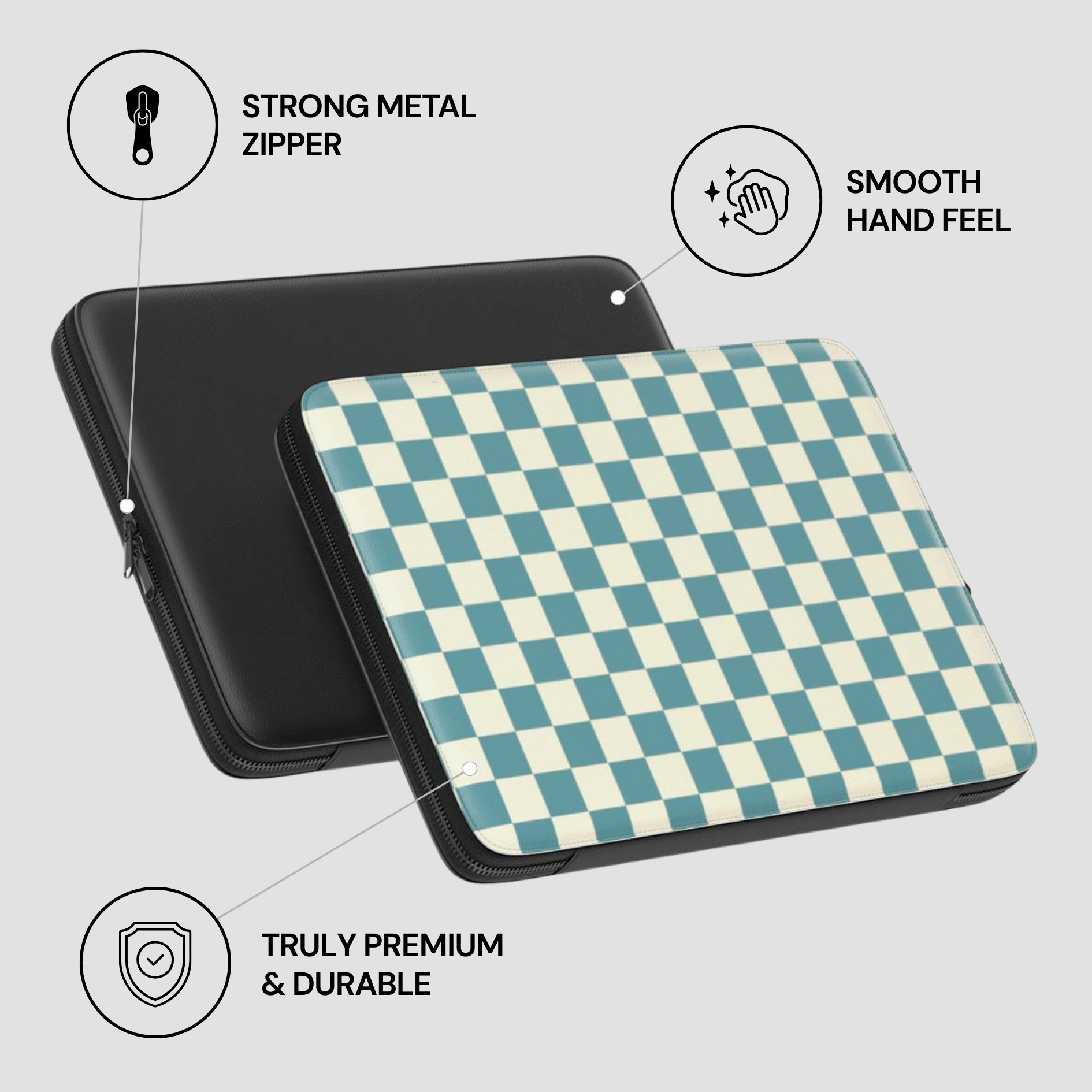 Checkered patterned case with text highlighting features on a light gray background