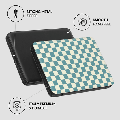 Checkered patterned case with text highlighting features on a light gray background