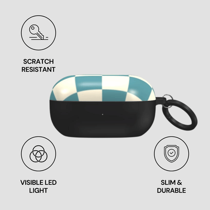 Checkered case with keychain on a gray background, featuring scratch-resistant, visible LED light, slim, and durable attributes.