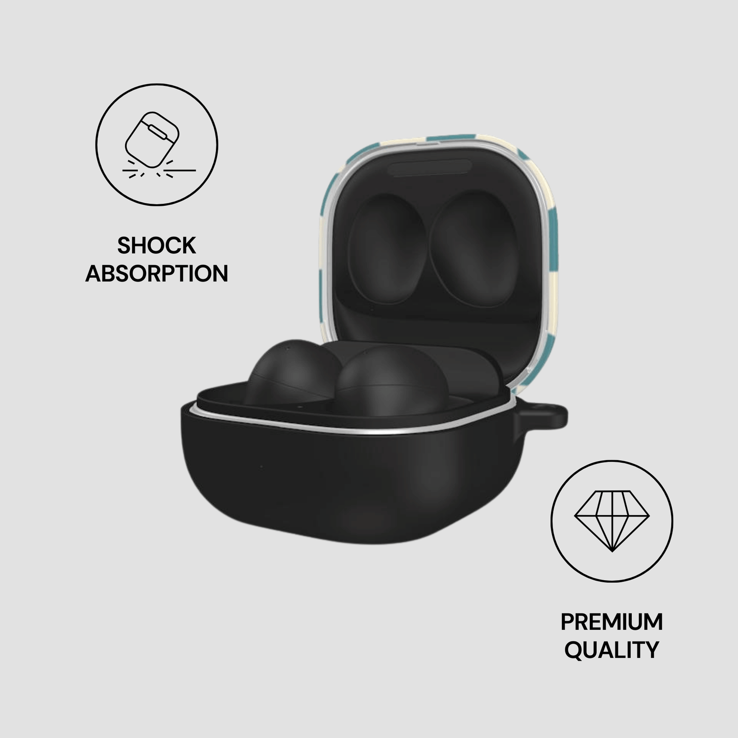 Black earbud case with open lid on a light gray background, featuring icons for shock absorption and premium quality.
