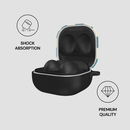 Black earbud case with open lid on a light gray background, featuring icons for shock absorption and premium quality.