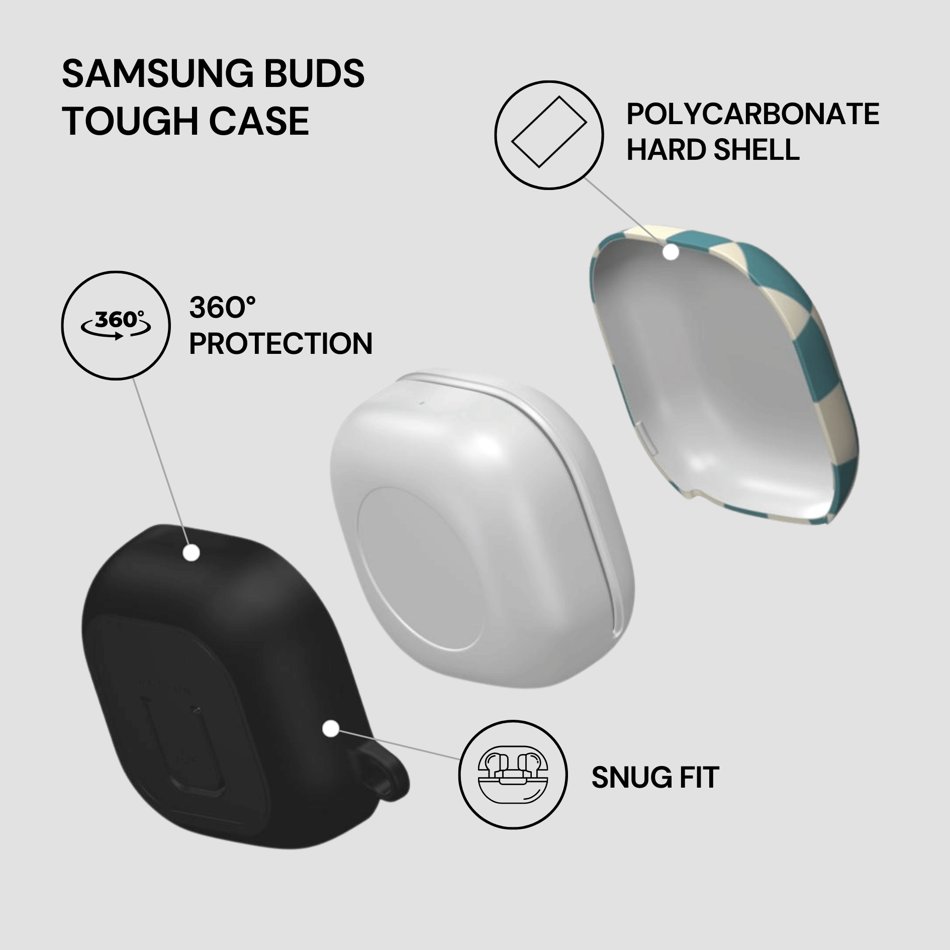 Samsung Buds Tough Case with features highlighted on a light gray background