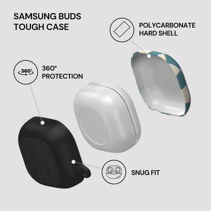 Samsung Buds Tough Case with features highlighted on a light gray background