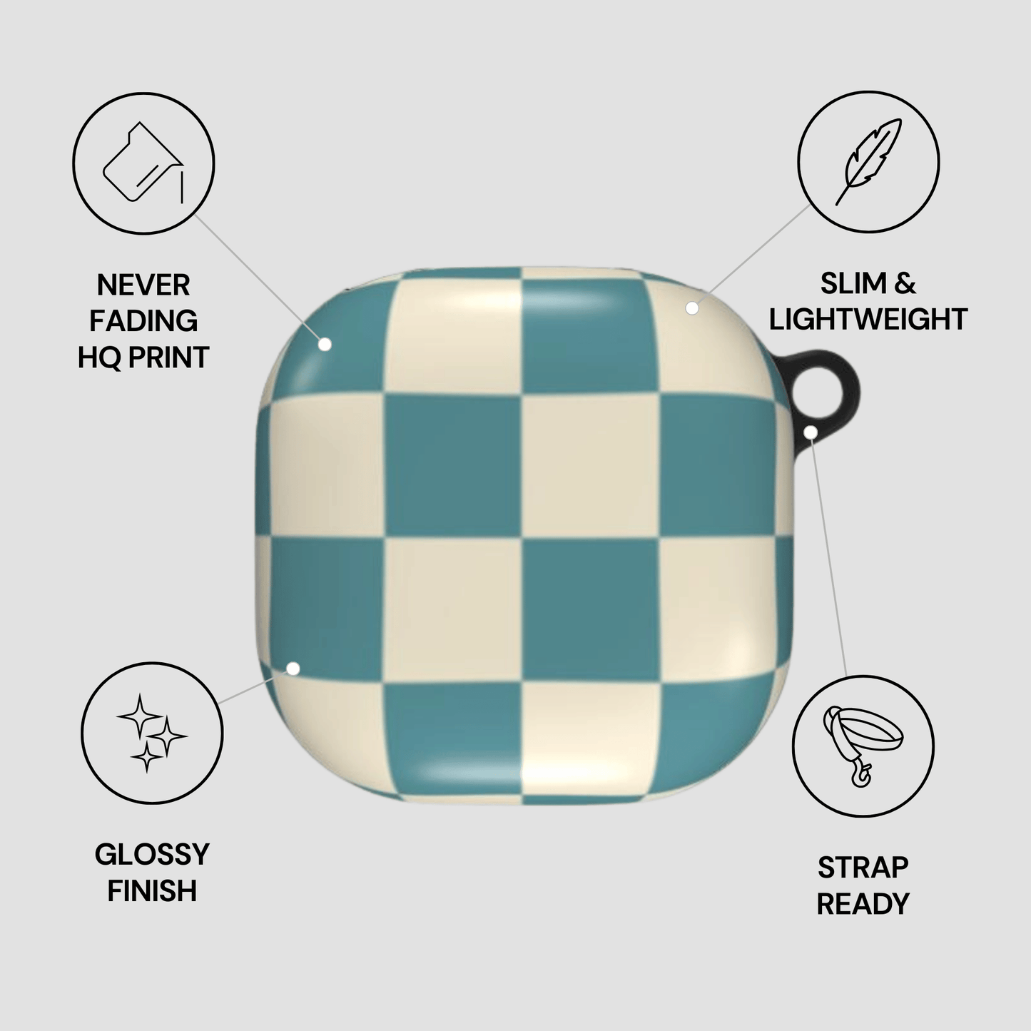 Checkered case with features listed on a light gray background