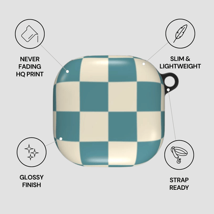 Checkered case with features listed on a light gray background
