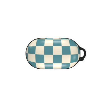 Checkered case with a black strap on a white background