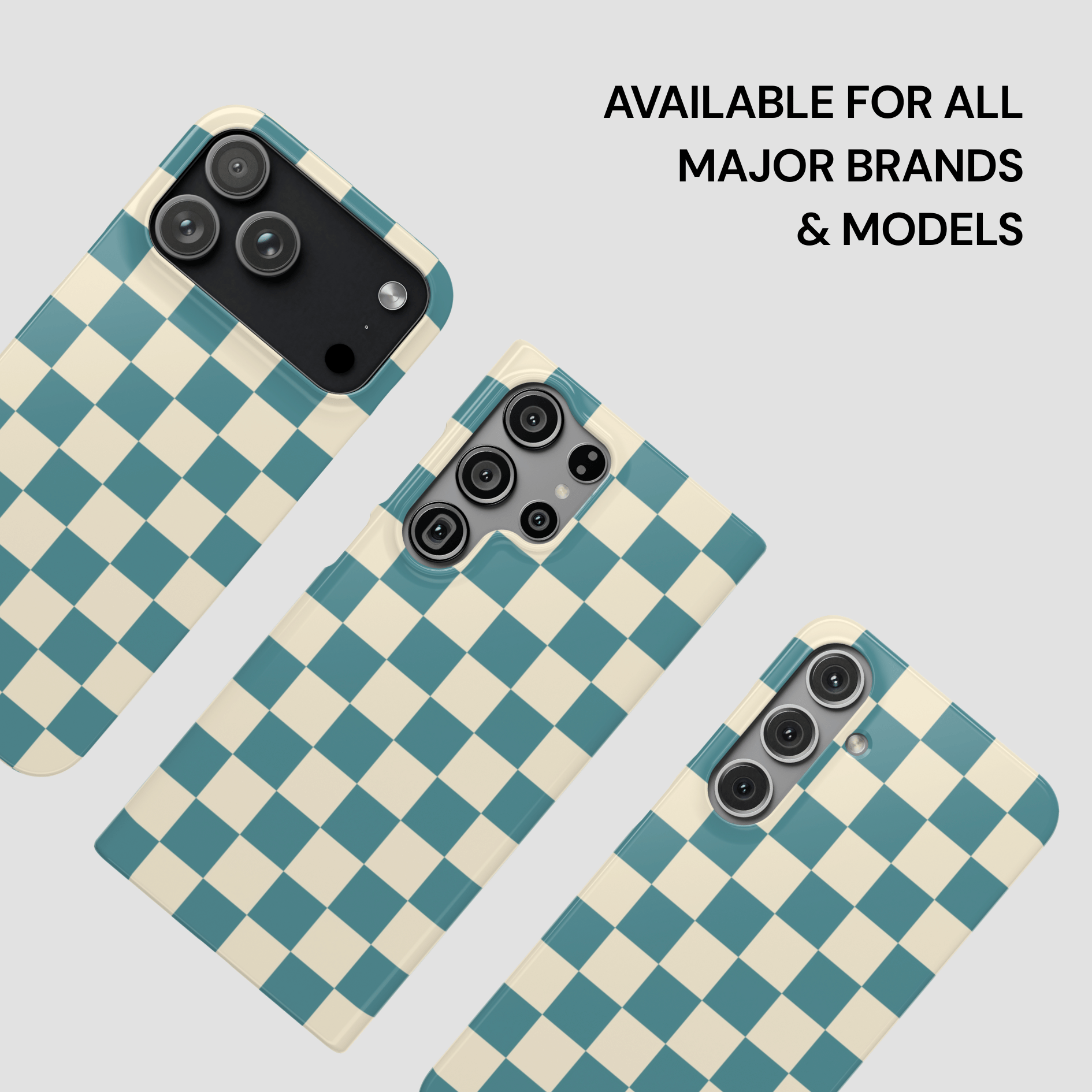 Checkered phone cases on a light gray background with text about compatibility.