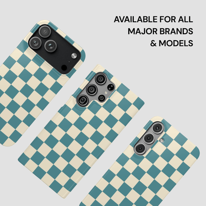 Checkered phone cases on a light gray background with text about compatibility.