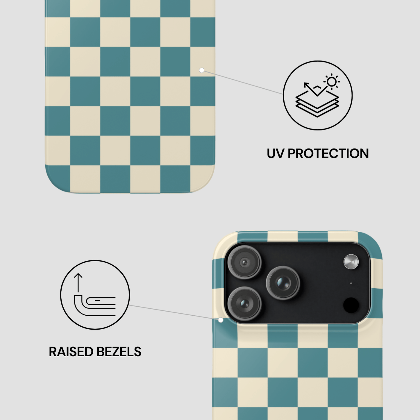 Checkered phone case with UV protection and raised bezels features on a light gray background