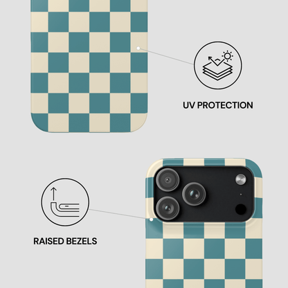 Checkered phone case with UV protection and raised bezels features on a light gray background