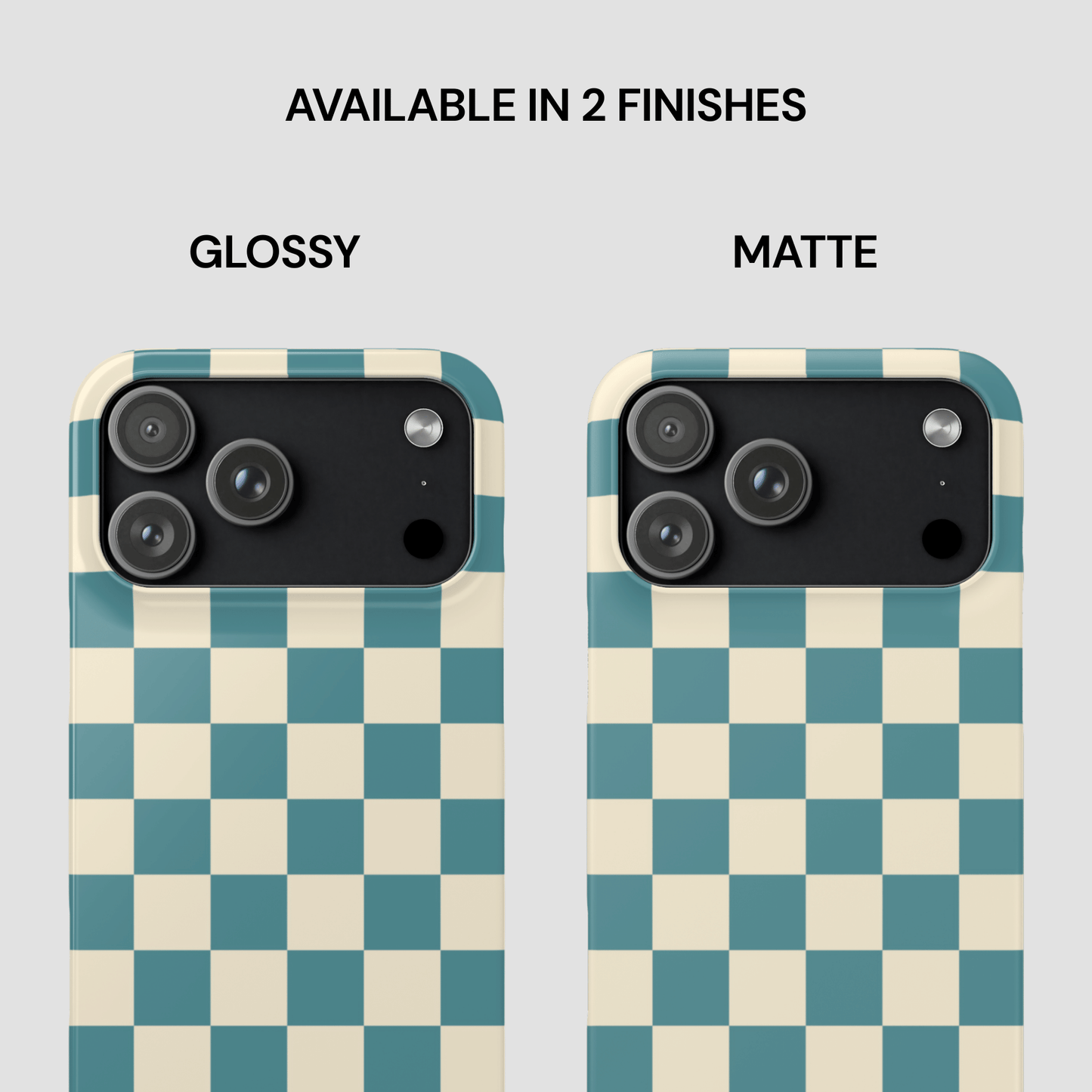 Two phone cases with checkered pattern, one glossy and one matte, on a light gray background.