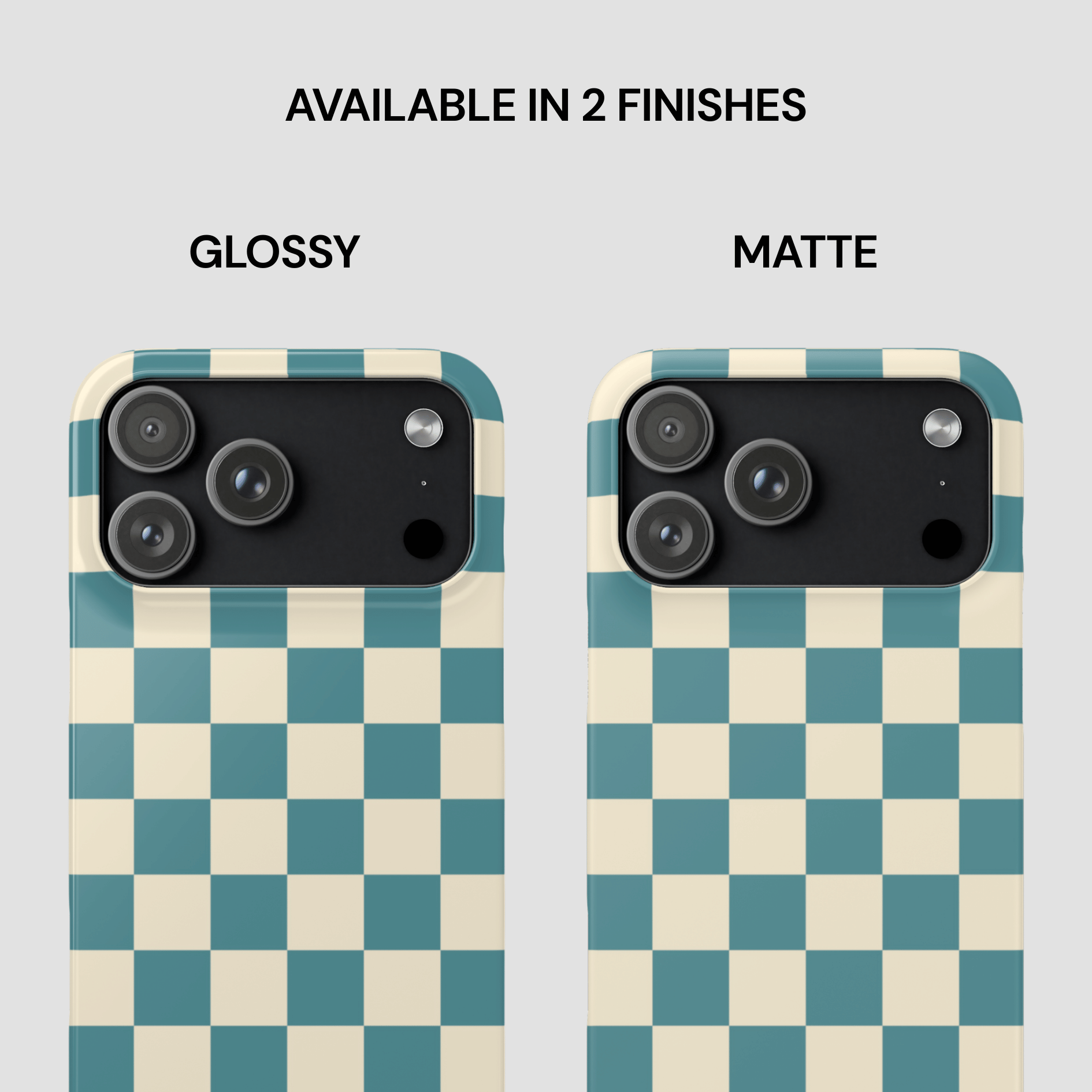Two phone cases with checkered pattern, one glossy and one matte, on a light gray background.