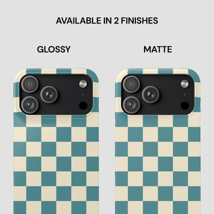 Two phone cases with checkered pattern, one glossy and one matte, on a light gray background.