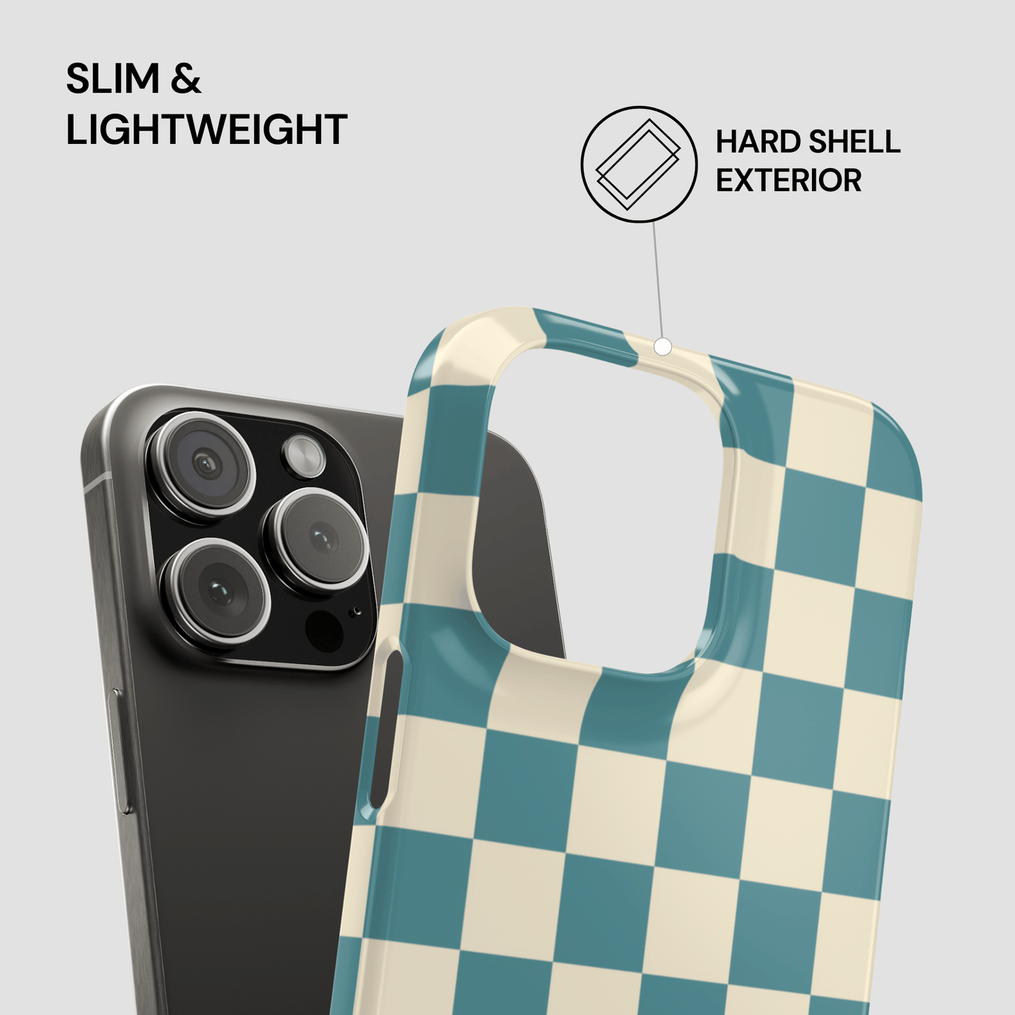 Checkered phone case with text 'Slim & Lightweight' and 'Hard Shell Exterior' on a gray background