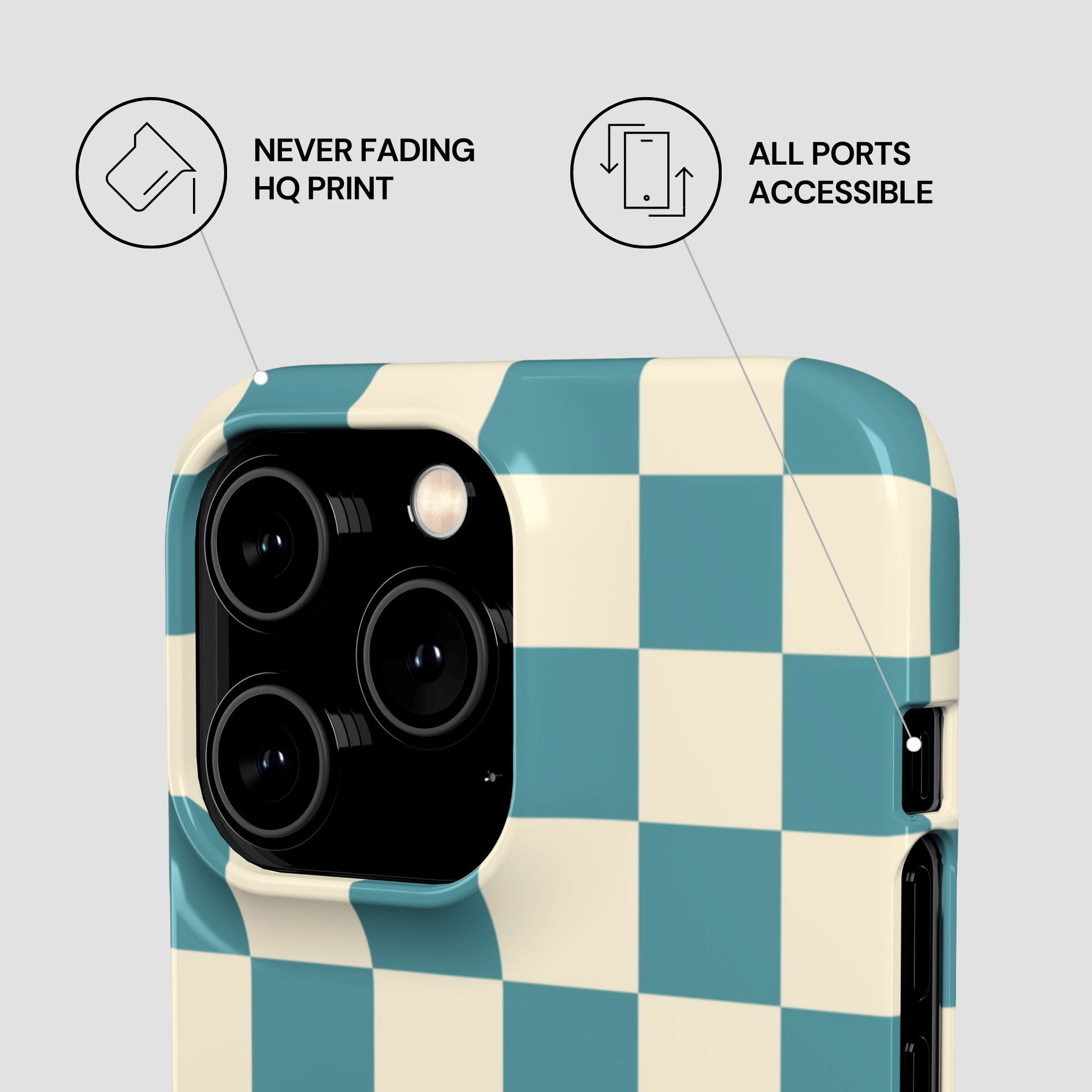 Checkered phone case with features highlighted on a light gray background