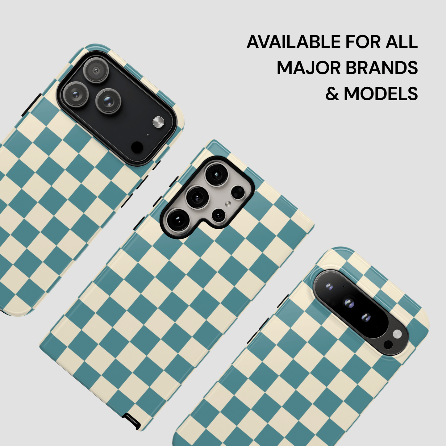 Checkered phone case on a gray background with text 'Available for all major brands & models'.