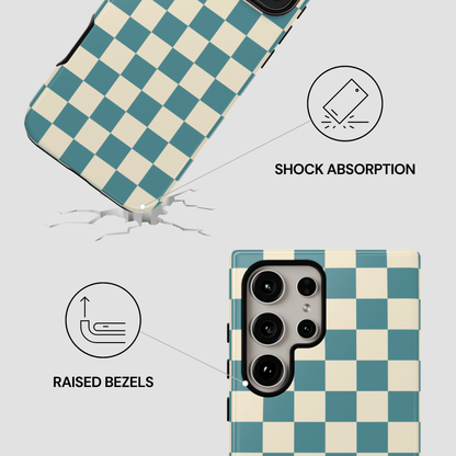 Checkered phone case with shock absorption and raised bezels features on a light gray background