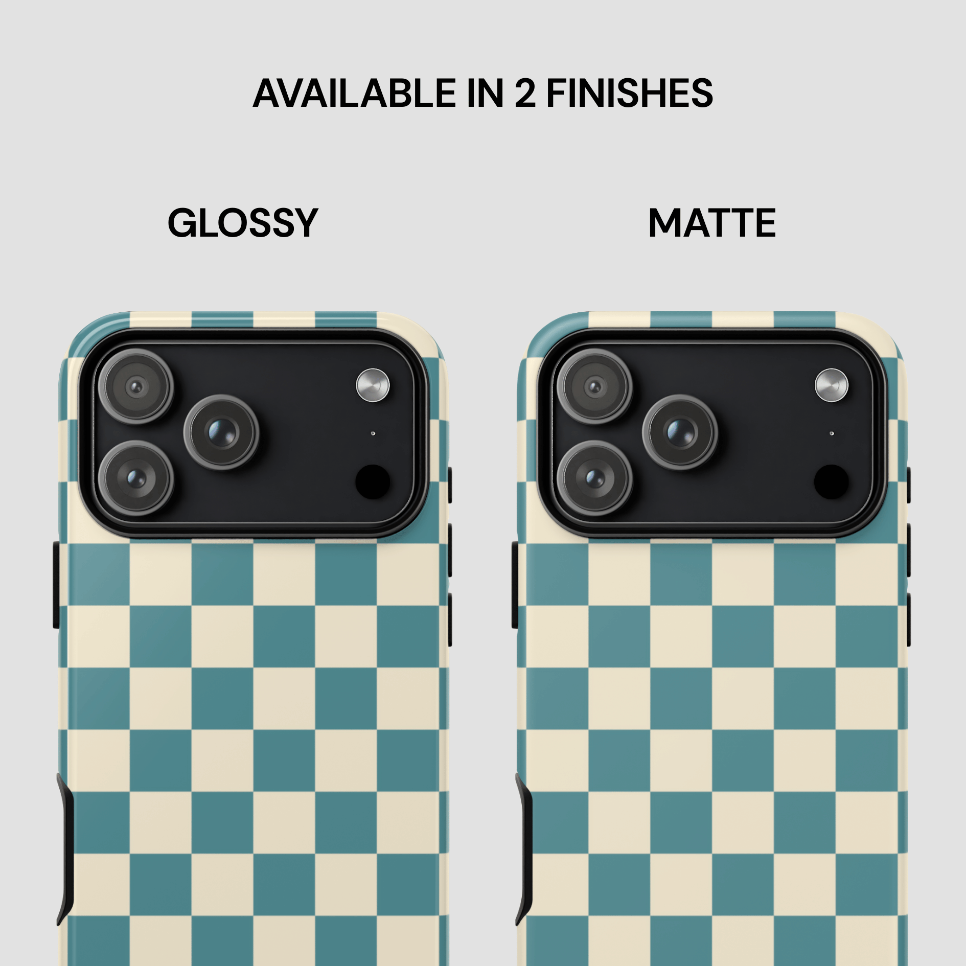 Checkered phone case with glossy and matte finishes on a light gray background