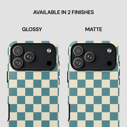 Checkered phone case with glossy and matte finishes on a light gray background