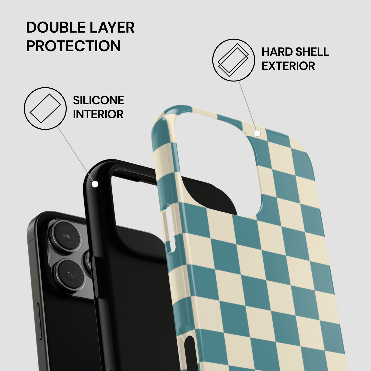 Checkered phone case with hard shell exterior and silicone interior on a gray background