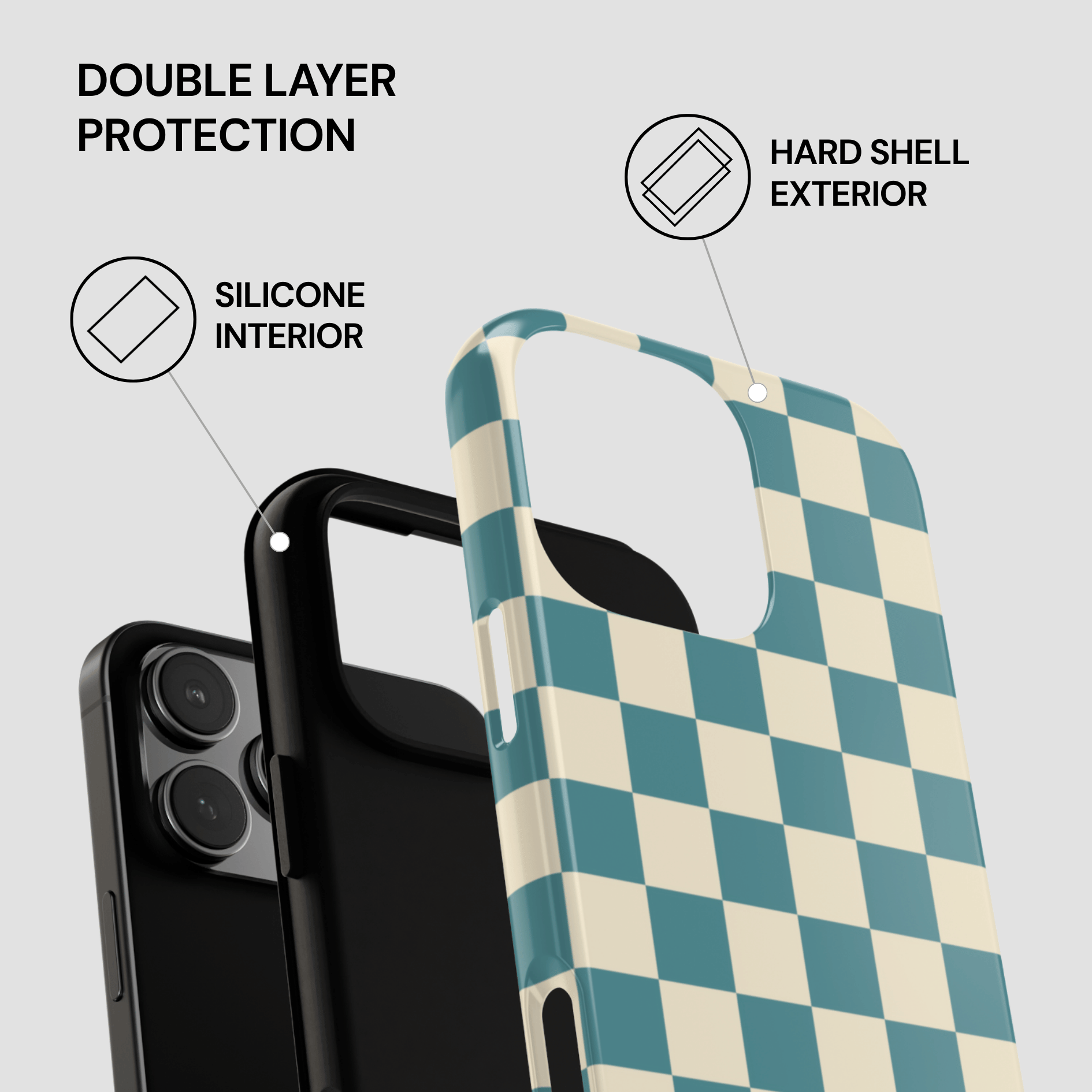 Checkered phone case with hard shell exterior and silicone interior on a gray background