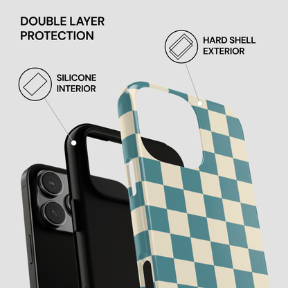 Checkered phone case with hard shell exterior and silicone interior on a gray background