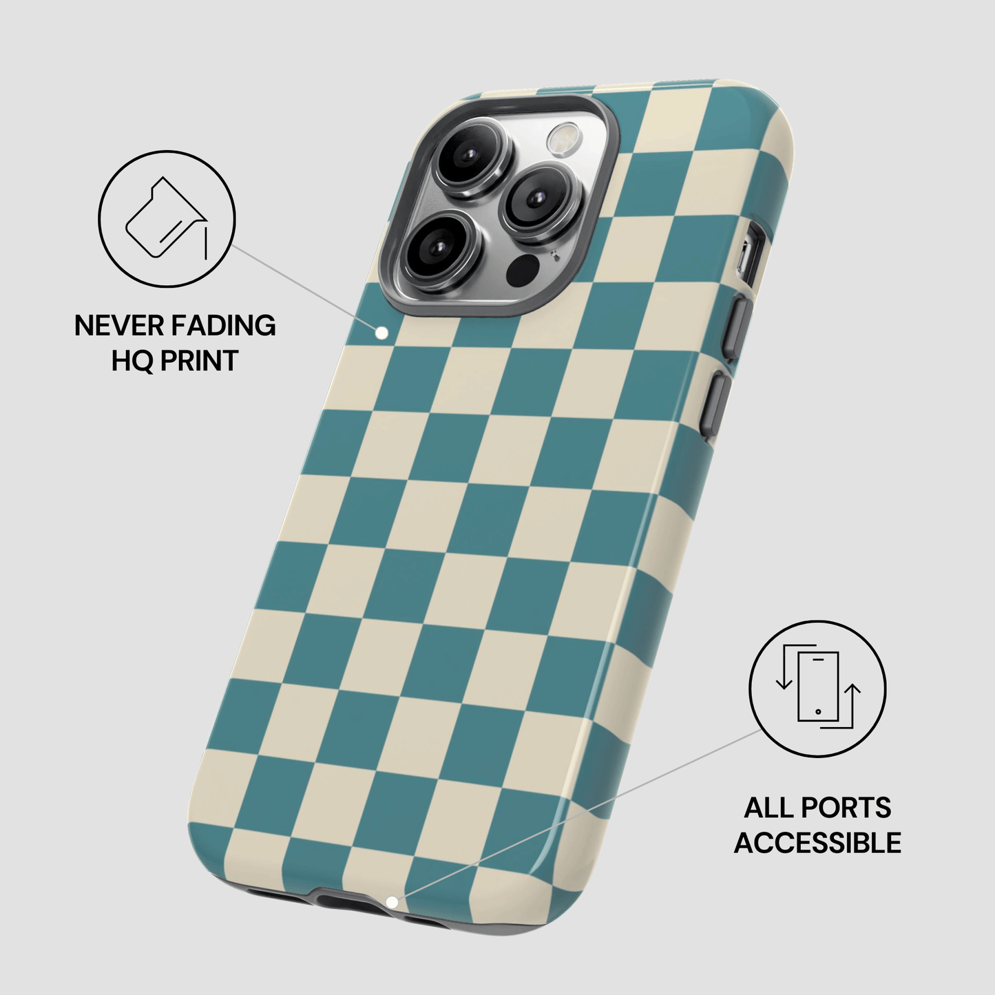 Checkered phone case with text indicating 'Never Fading HQ Print' and 'All Ports Accessible' on a light gray background.