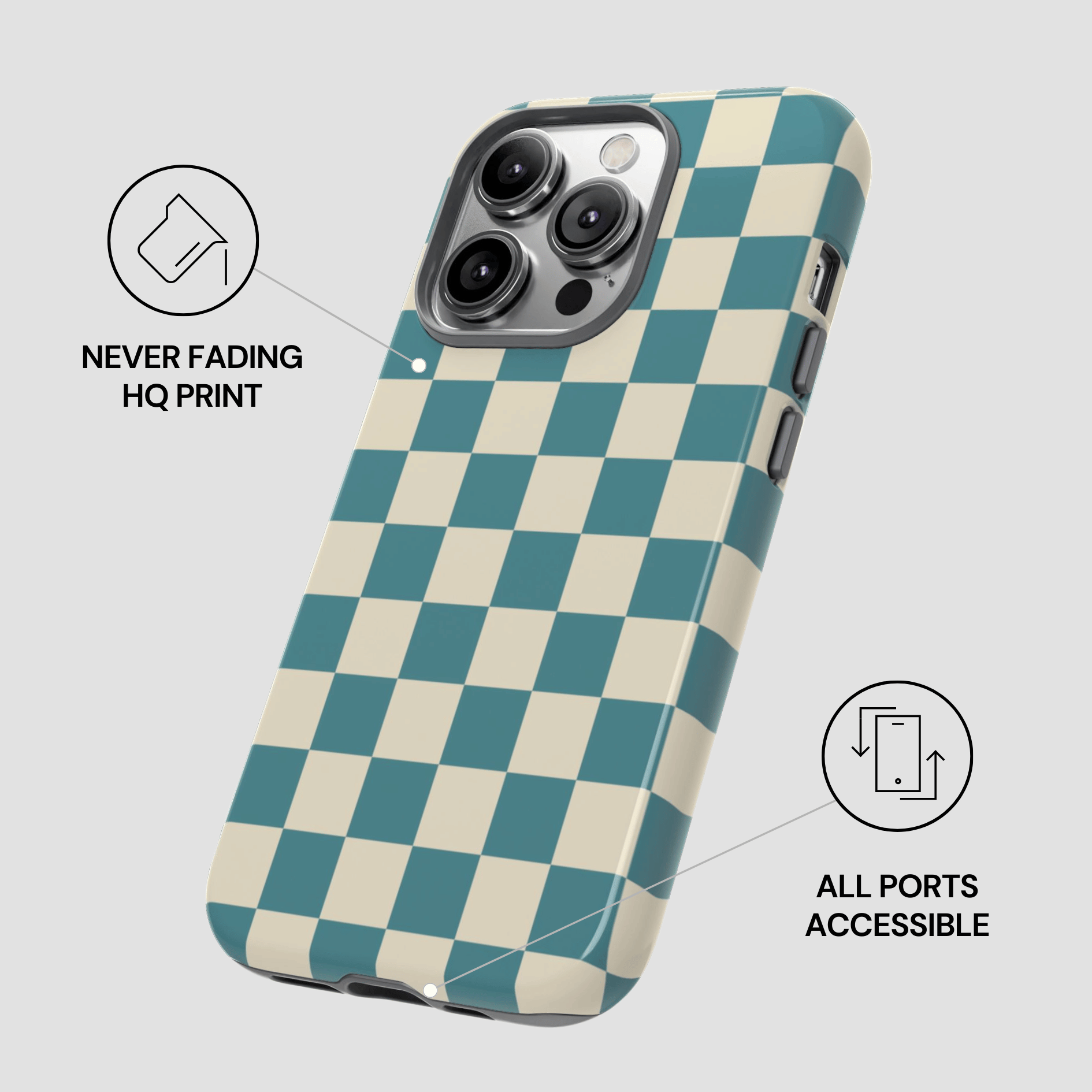 Checkered phone case with text indicating 'Never Fading HQ Print' and 'All Ports Accessible' on a light gray background.