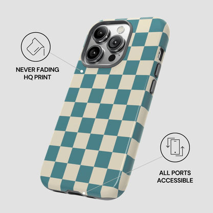 Checkered phone case with text indicating 'Never Fading HQ Print' and 'All Ports Accessible' on a light gray background.
