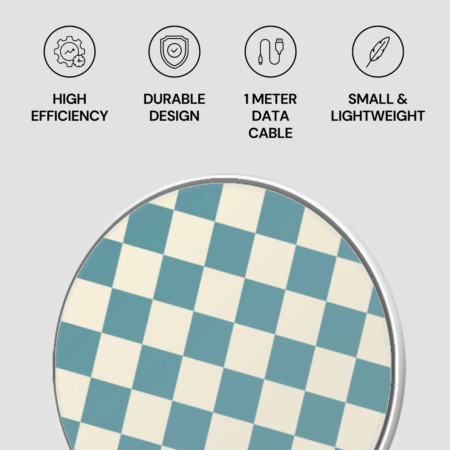 Checkered product with icons and text on a light gray background