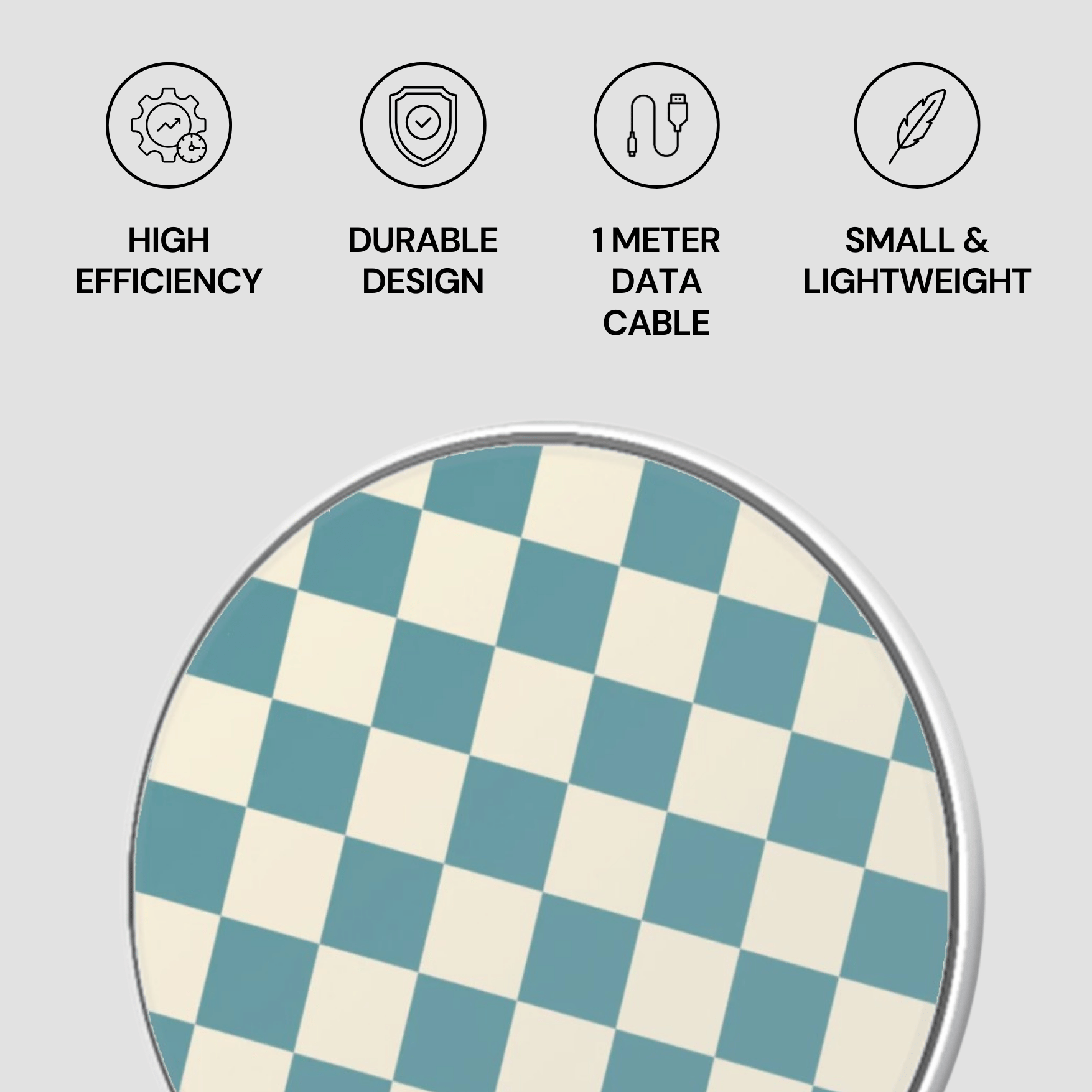 Checkered product with icons and text on a light gray background