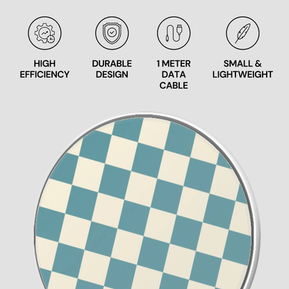 Checkered product with icons and text on a light gray background