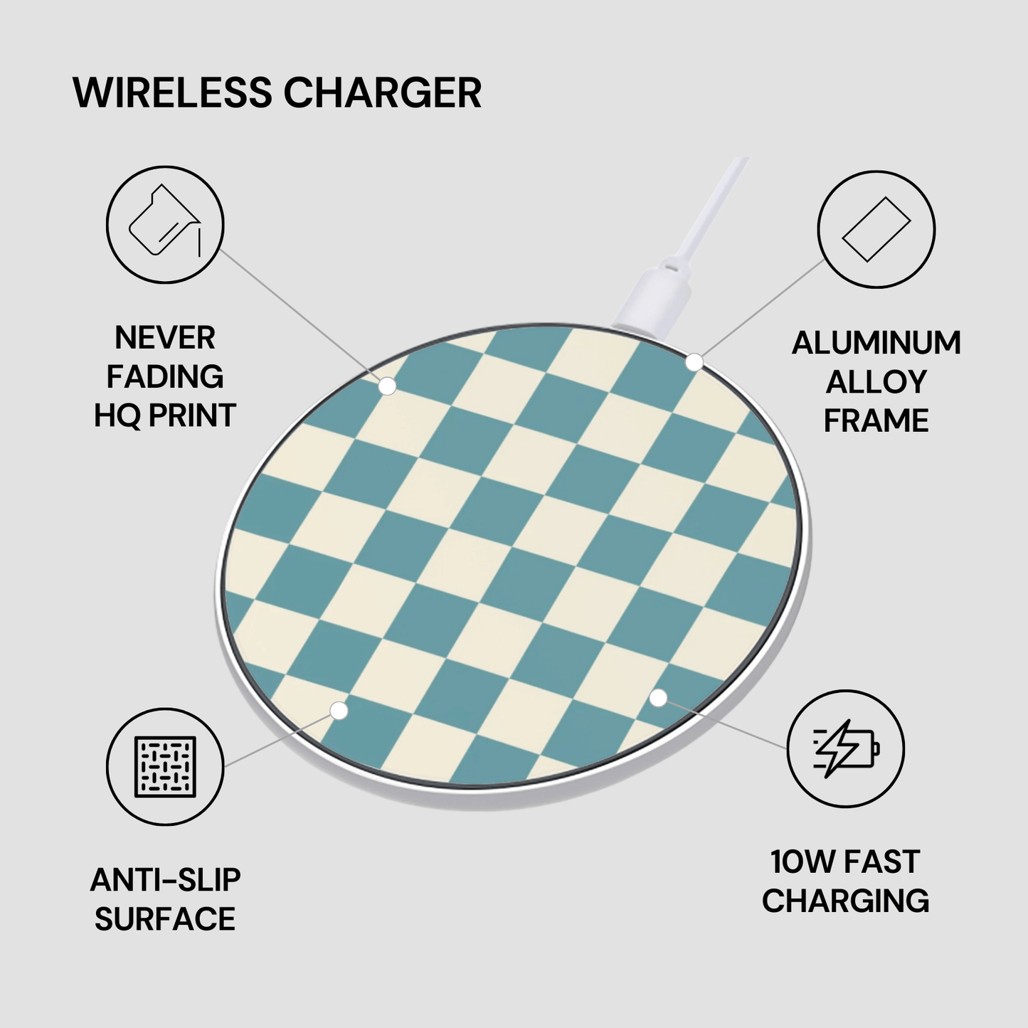 Wireless charger with checkered design on a light gray background