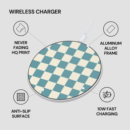 Wireless charger with checkered design on a light gray background