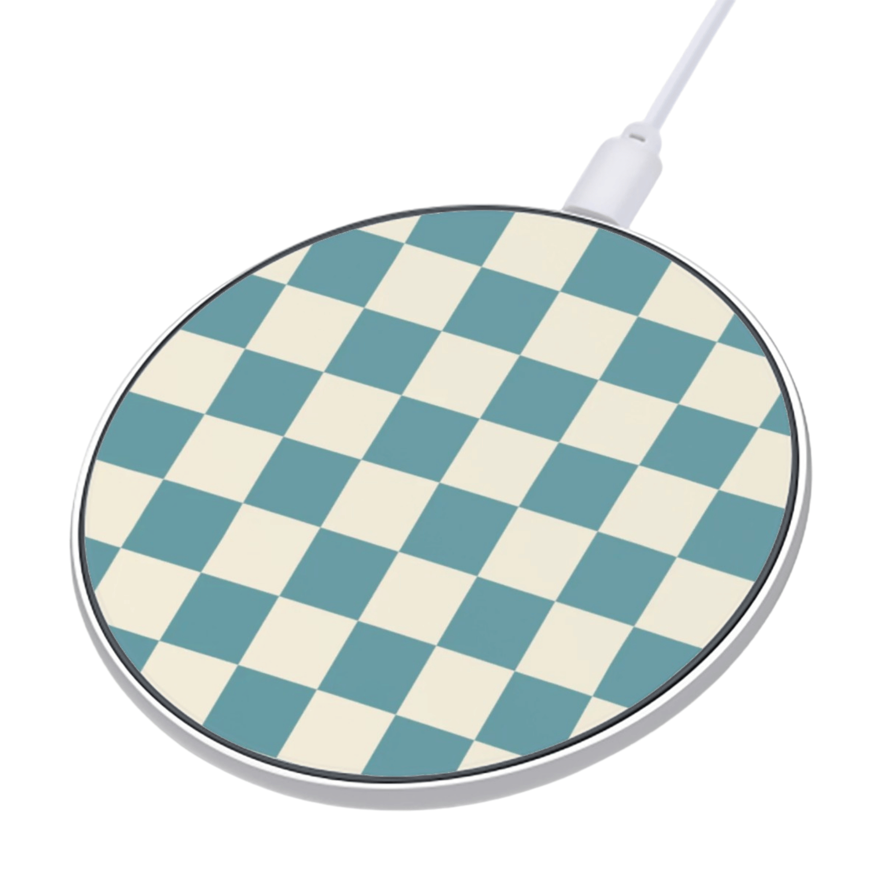 Round wireless charging pad with blue and white checkered pattern on a white background