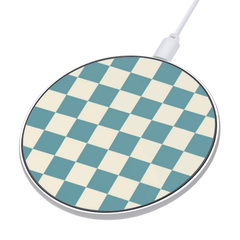 Round wireless charging pad with blue and white checkered pattern on a white background
