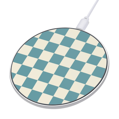 Round wireless charging pad with blue and white checkered pattern on a white background