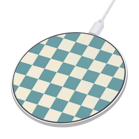 Round wireless charging pad with blue and white checkered pattern on a white background