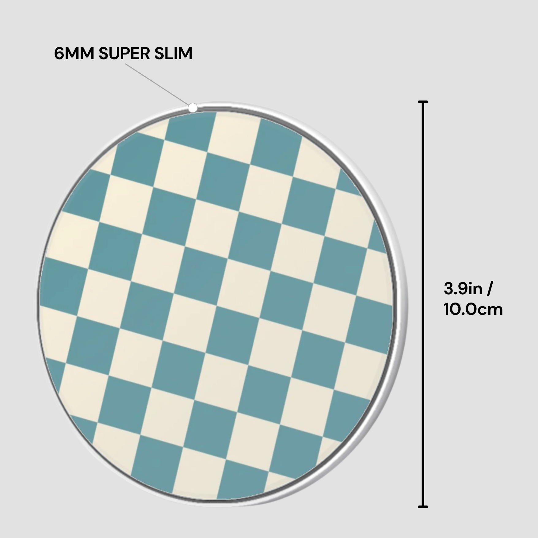6mm super slim circular object with blue and white checkered pattern on a gray background