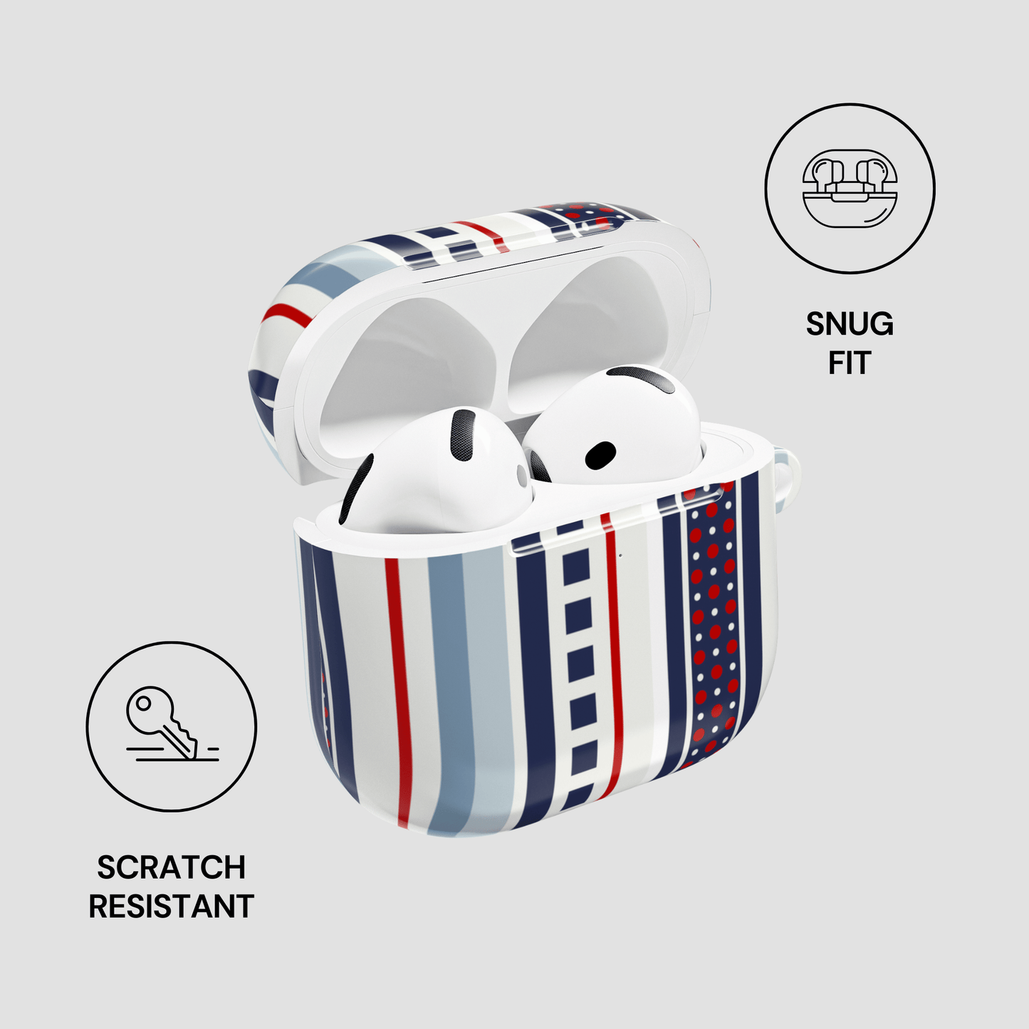 Wireless earbuds in a striped case with 'Snug Fit' and 'Scratch Resistant' features on a light gray background.