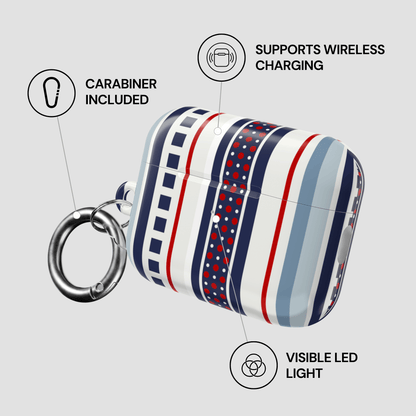 Striped case with carabiner, wireless charging support, and visible LED light on a gray background