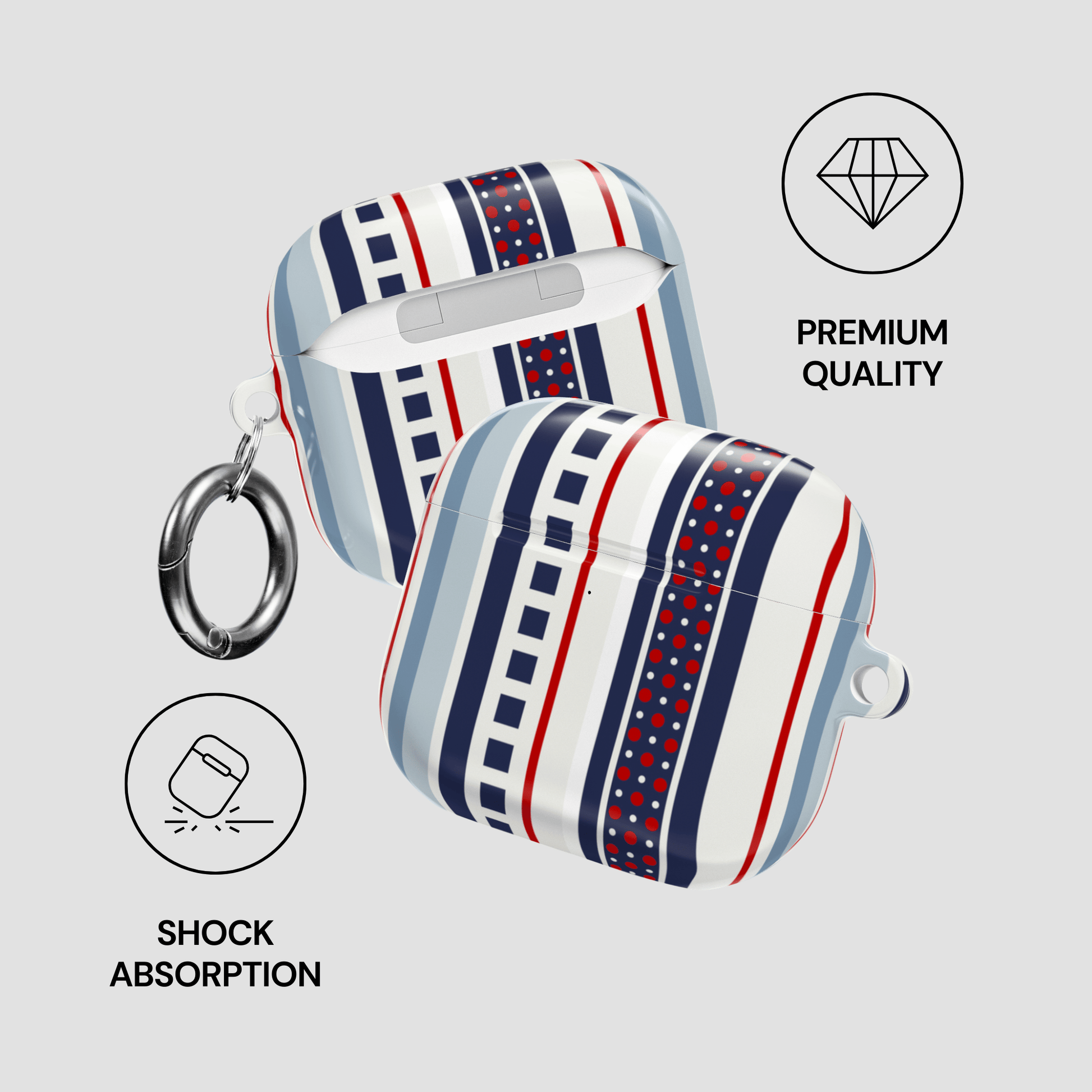Striped earbud case with a keychain on a light gray background