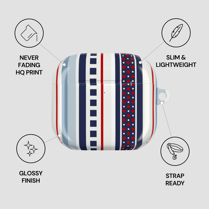 Striped case with features listed on a gray background