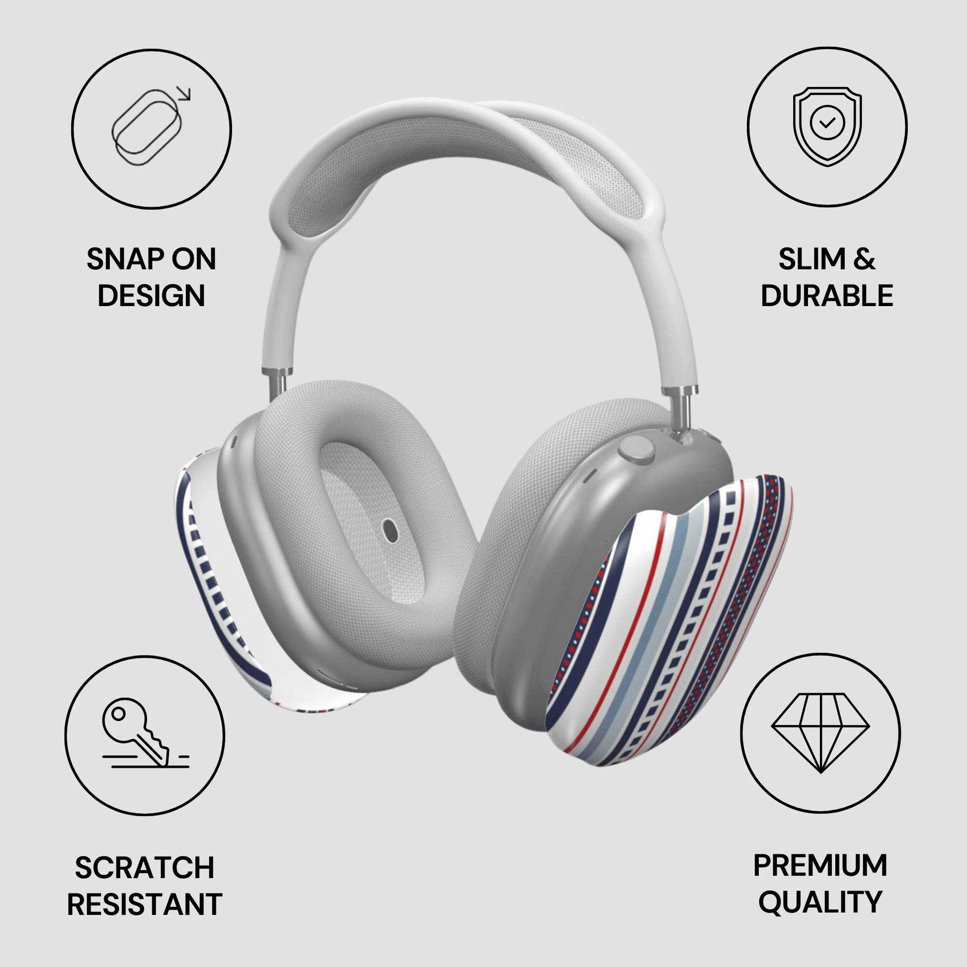 Gray headphones with colorful design on a light gray background with feature icons.