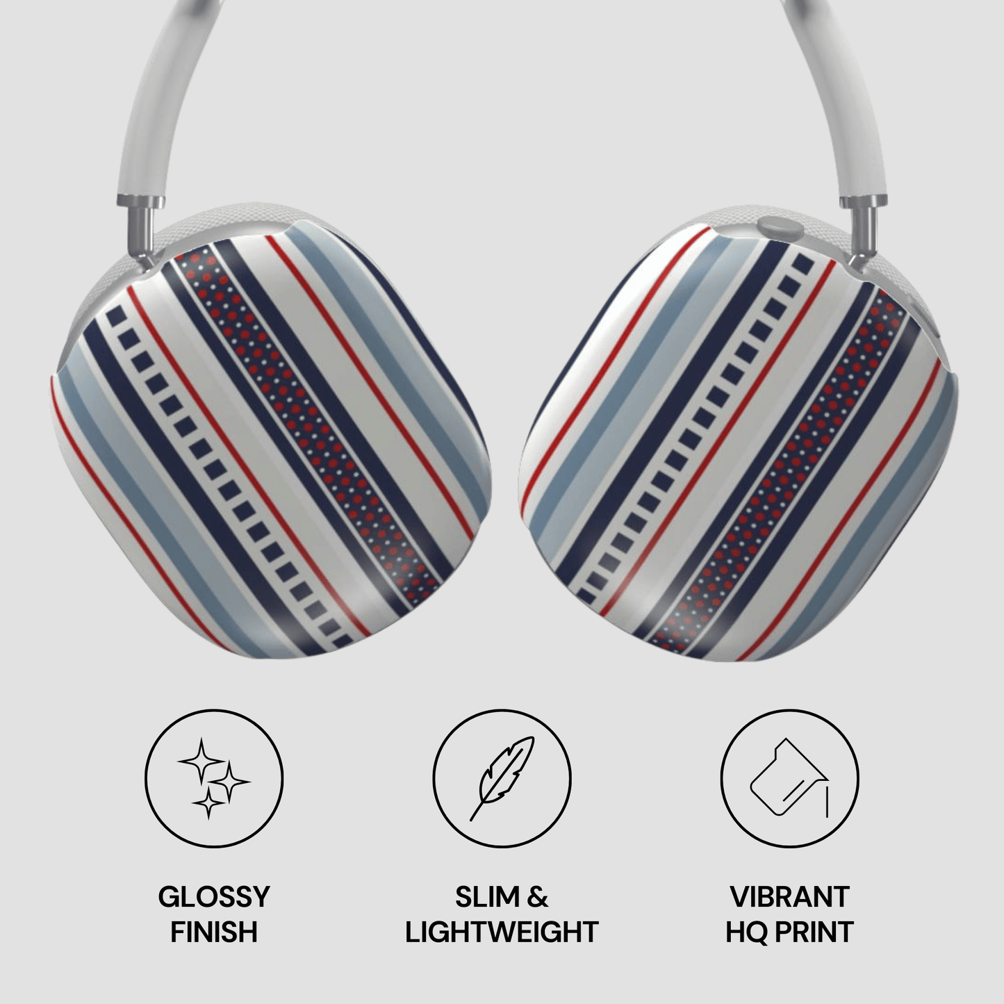 Headphones with striped design on a light gray background, featuring icons and text describing features.