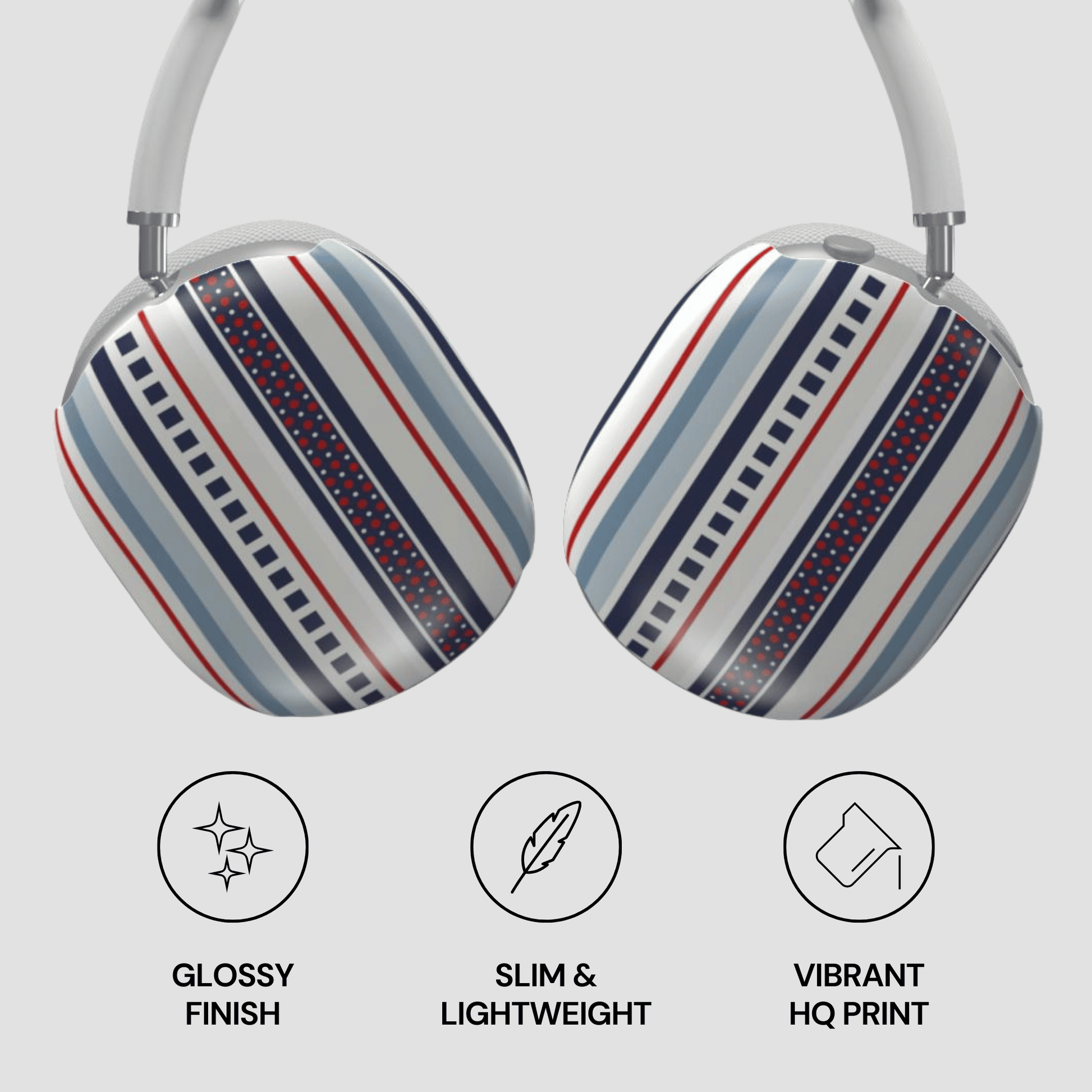 Headphones with striped design on a light gray background, featuring icons and text describing features.