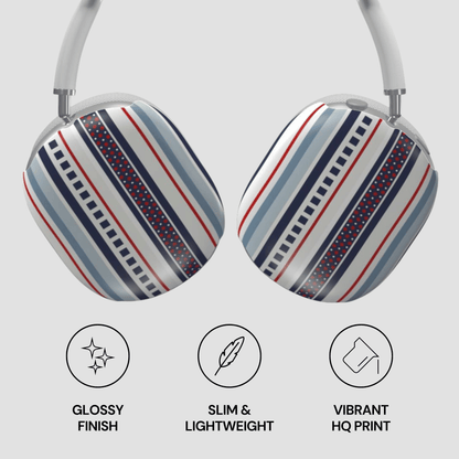 Headphones with striped design on a light gray background, featuring icons and text describing features.